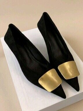 Pointed Toe Suede Metal Square Buckle Low Vamp Stiletto High Heel Pumps Women's